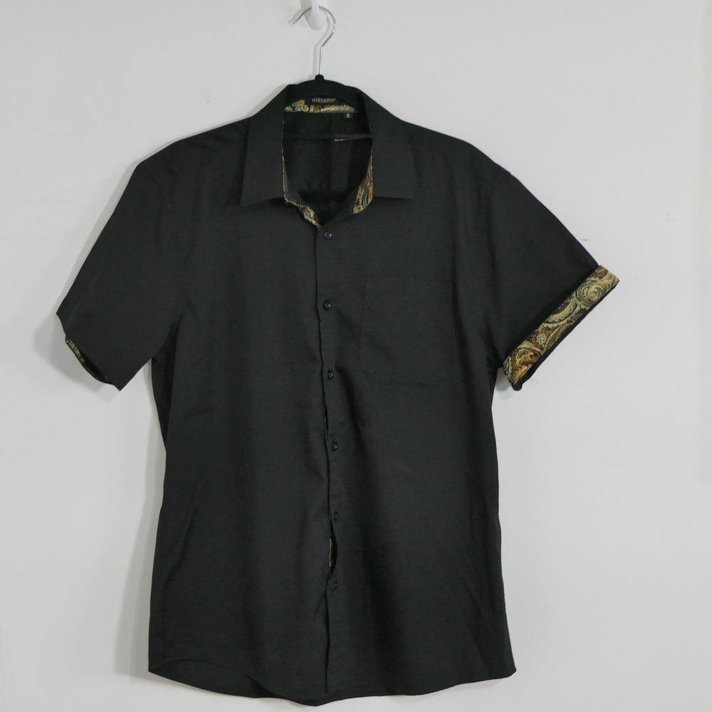 Hisdern Mens Shirt M Black Paisley Gold Trim Button Up Short Sleeve Rockabilly